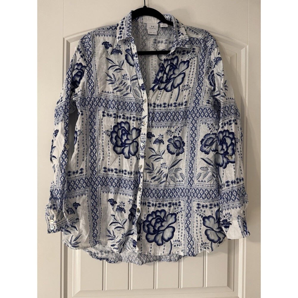 H Halston Women’s L Linen Shirt Blue White Floral Print Button Down 100% Linen